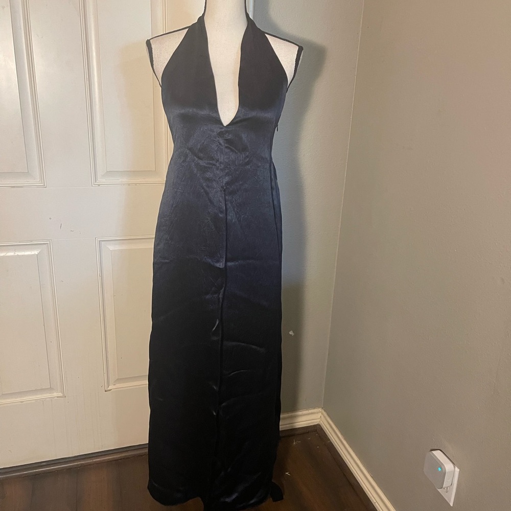 Zara Navy Maxi Satin Dress with Slit - Picture 5 of 10